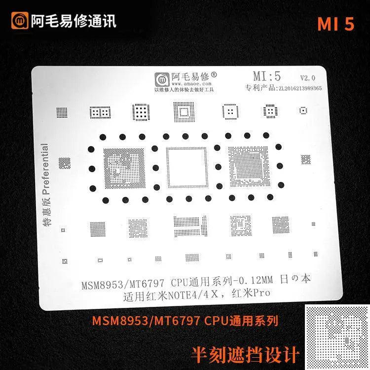 Universal Amaoe CPU BGA Reballing Stencil for Xiaomo Redmi repair by PHONEFIX, used for precise BGA reballing and CPU repair.