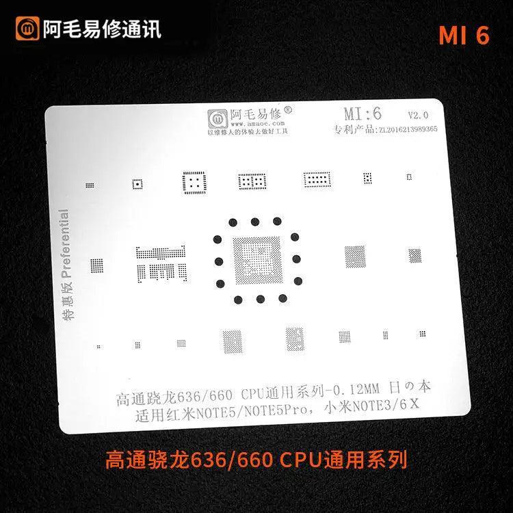 Universal Amaoe CPU BGA Reballing Stencil for Xiaomo Redmi repair by PHONEFIX, used for precise reballing of BGA chips.