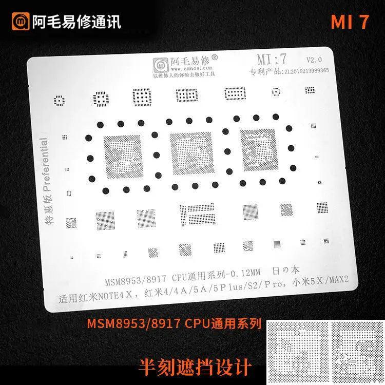 Universal Amaoe CPU BGA reballing stencil for Xiaomo Redmi repair, made by PHONEFIX, used for precise BGA soldering and reballing.