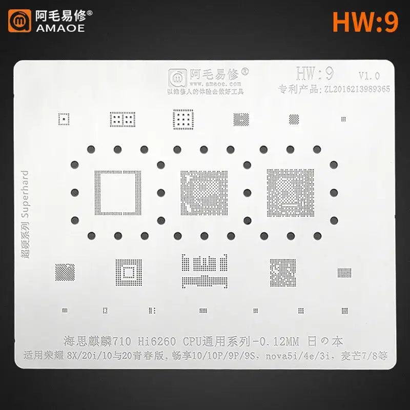Universal Amaoe CPU BGA reballing stencil for Xiaomo Redmi repair, used for precise BGA reballing by PHONEFIX.