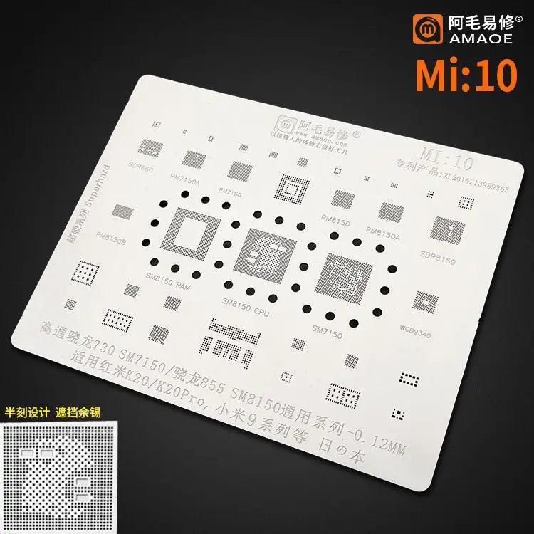 PhoneFix Universal Amaoe CPU BGA Reballing Stencil for Xiaomo Redmi repair, used for precise BGA reballing in electronics repair.