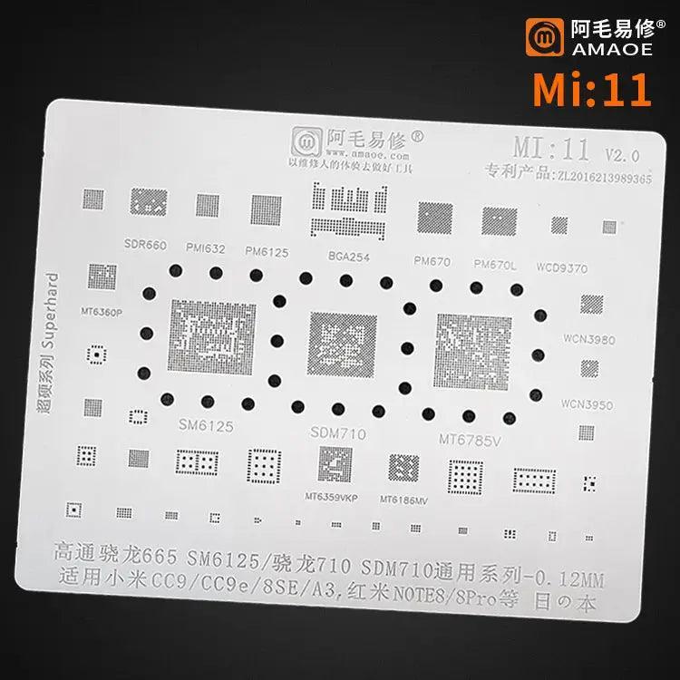 Universal Amaoe CPU BGA reballing stencil for Xiaomi Redmi repair by PHONEFIX, used for precise BGA reballing and rework.