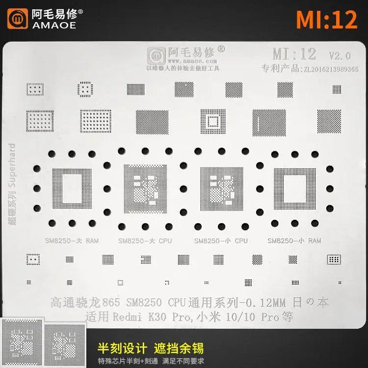 Universal Amaoe CPU BGA reballing stencil for Xiaomo Redmi repair, compatible with PhoneFix BGA reballing tools.
