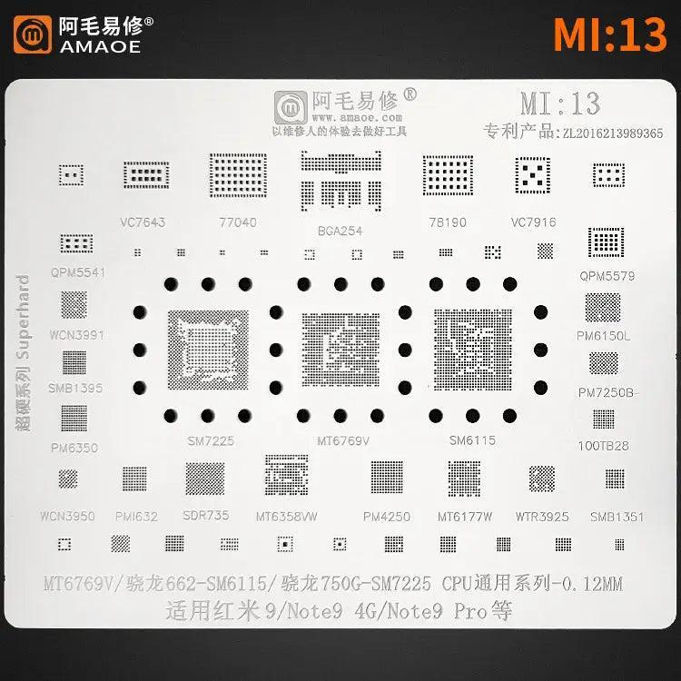 Universal Amaoe CPU BGA Reballing Stencil for Xiaomo Redmi repair by PHONEFIX, used for precise BGA reballing on smartphones.