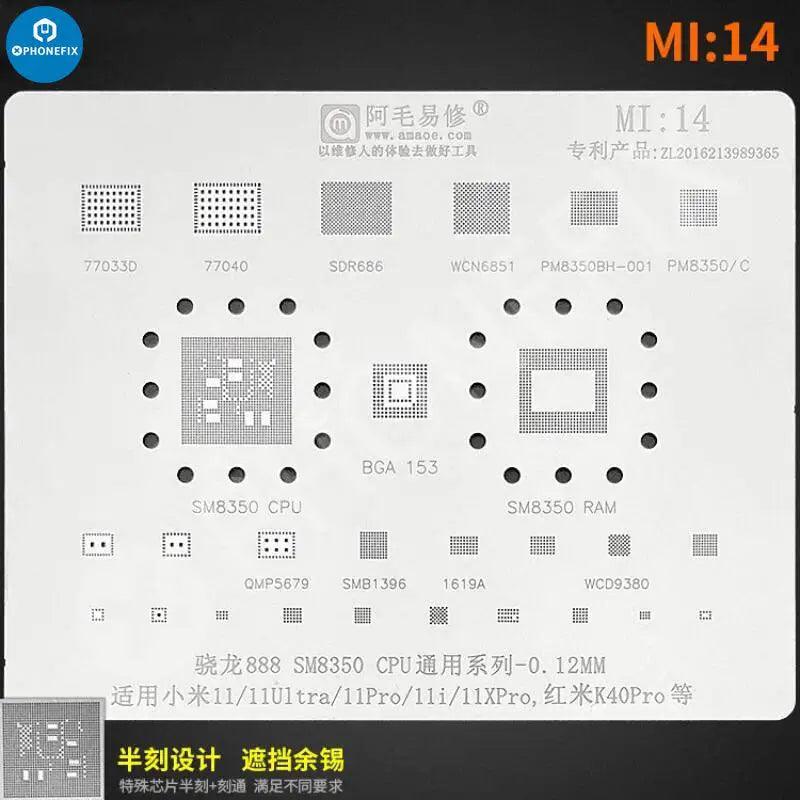 Universal Amaoe CPU BGA reballing stencil for Xiaomo Redmi repair by PHONEFIX, used for precise BGA reballing on mobile devices.
