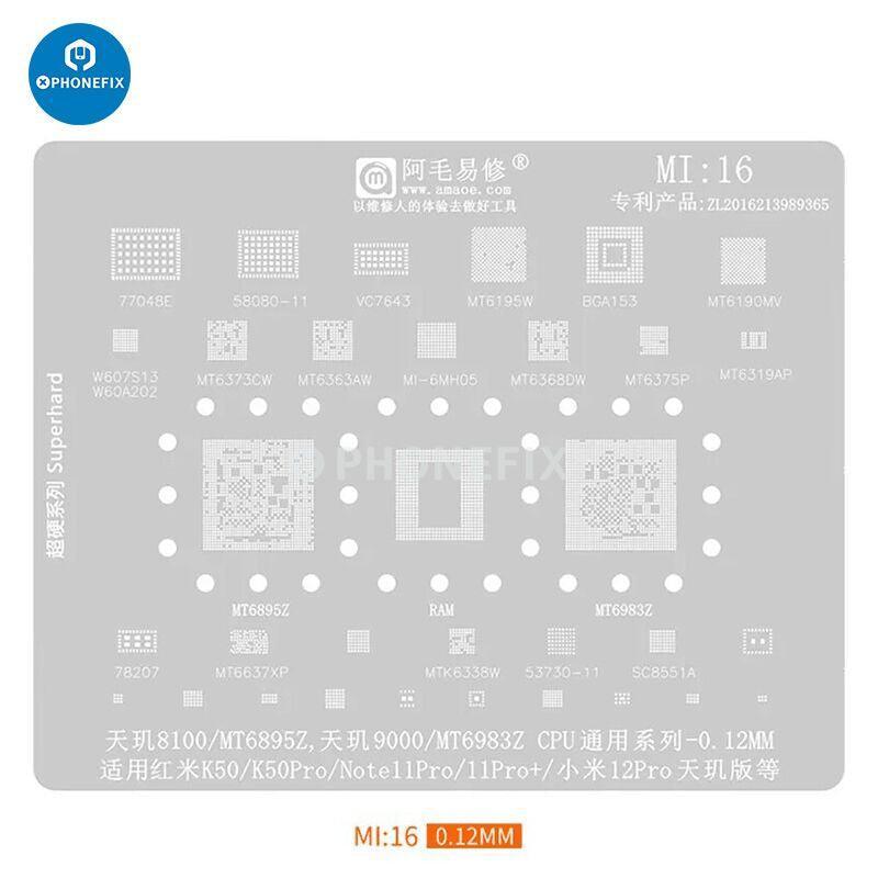 Universal Amaoe CPU BGA reballing stencil for Xiaomi Redmi phones, used for precise BGA reballing and repair by PHONEFIX.