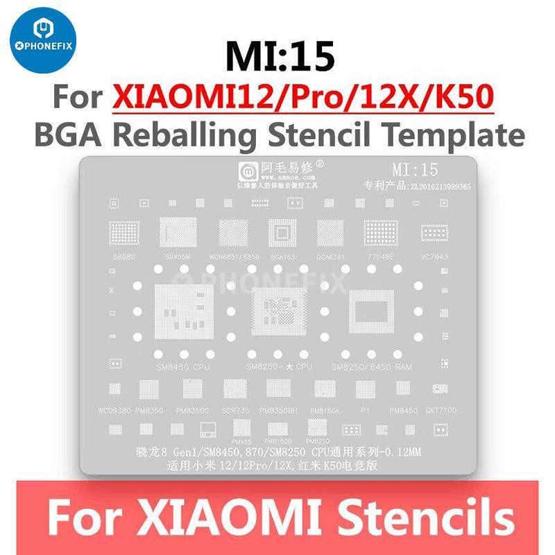 Universal Amaoe CPU BGA reballing stencil for Xiaomo Redmi repair by PHONEFIX, used for precise BGA reballing and CPU repair.