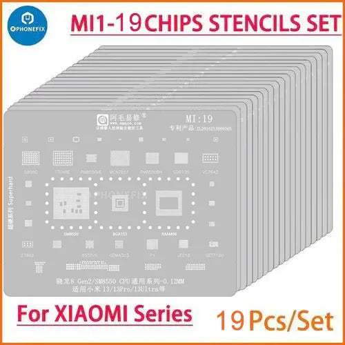 Universal Amaoe CPU BGA reballing stencil for Xiaomo Redmi repair, includes 19pcs for precise BGA reballing and rework.