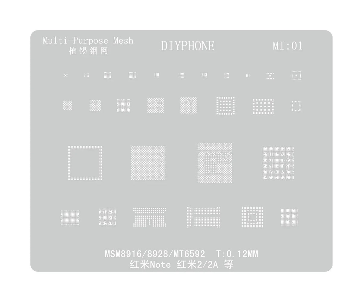 PHONEFIX universal BGA reballing stencil for Xiaomo Redmi CPU repair, used for precise reballing and soldering.
