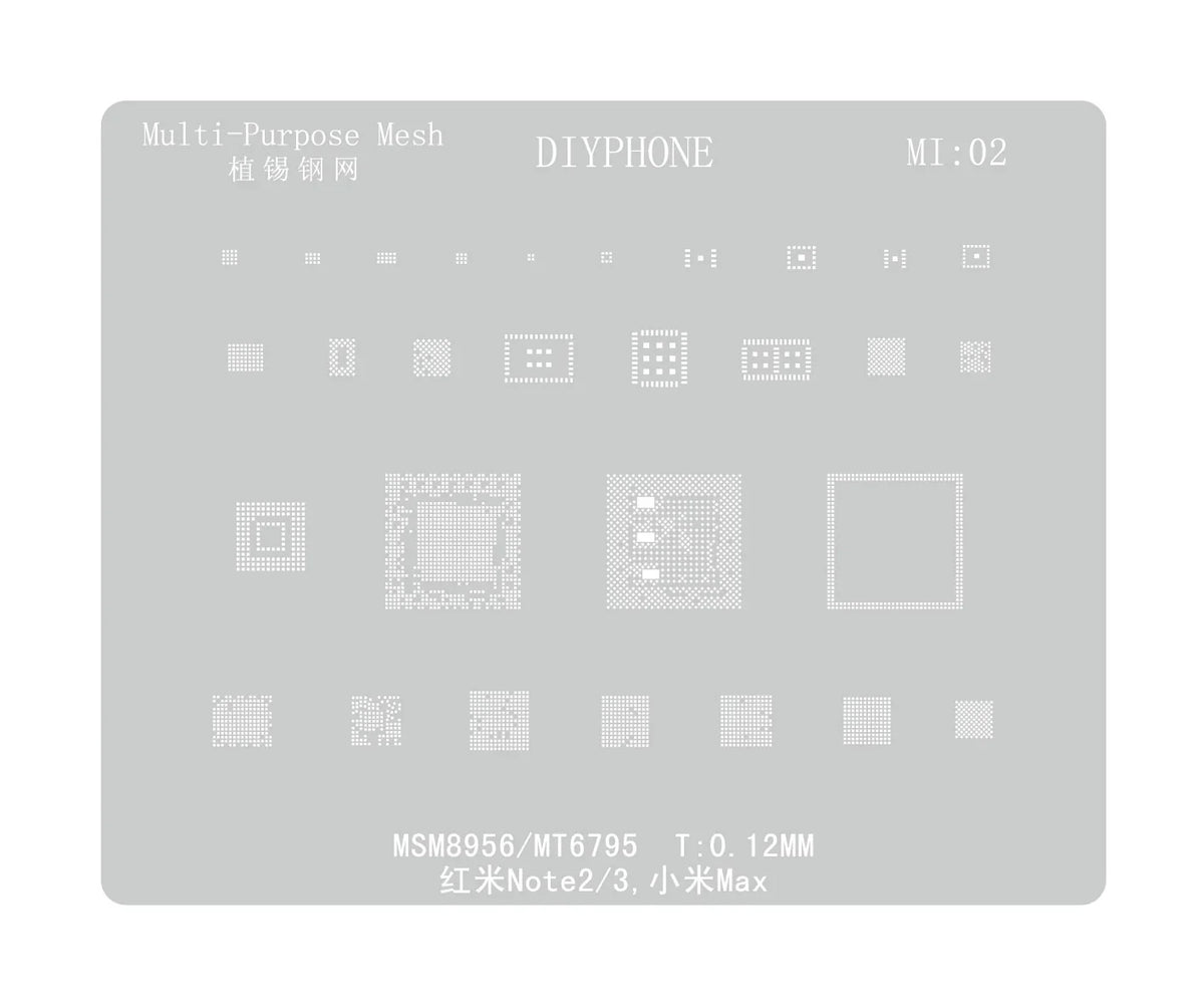 Universal Amaoe CPU BGA reballing stencil for Xiaomi Redmi repair by PHONEFIX, showing the detailed stencil layout on the image.