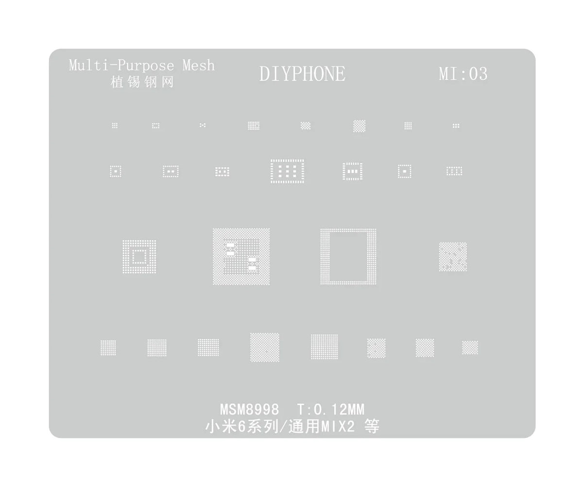 PHONEFIX universal BGA reballing stencil for Xiaomo Redmi CPU repair, showing the precise metal pattern on the stencil for reballing.