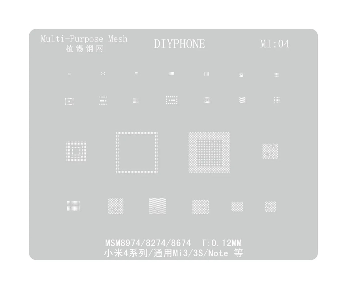 PHONEFIX universal Amaoe CPU BGA reballing stencil for Xiaomo Redmi repair, showing detailed metal stencil with openings.
