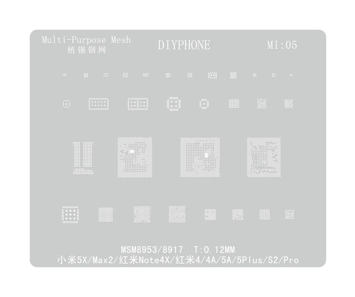PHONEFIX universal BGA reballing stencil for Xiaomo Redmi CPU repair, showing the detailed stencil layout on the image.