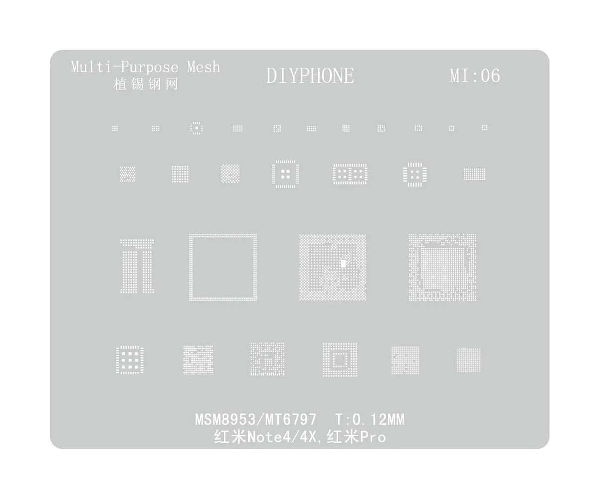 PHONEFIX universal BGA reballing stencil for Xiaomo Redmi CPU repair, used for precise BGA reballing and reflow processes.