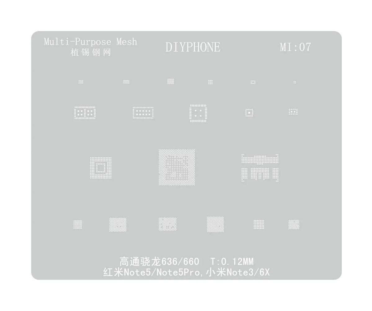 PHONEFIX universal BGA reballing stencil for Xiaomo Redmi CPU repair, showing detailed metal mesh design for precise reballing.