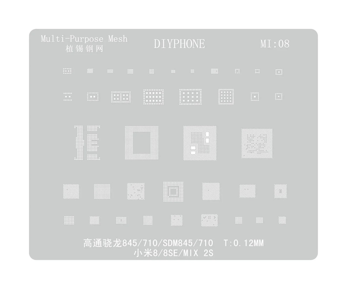 PHONEFIX universal Amaoe CPU BGA reballing stencil for Xiaomo Redmi repair, used for precise BGA soldering and reballing.