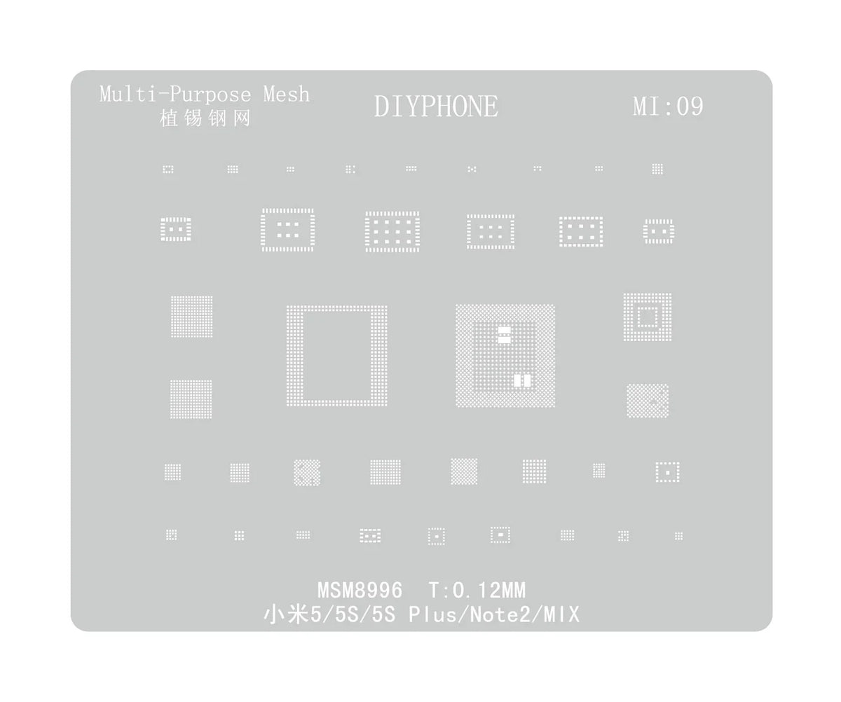 PHONEFIX universal BGA reballing stencil for Xiaomo Redmi CPU repair, showing the detailed stencil layout on a white background.