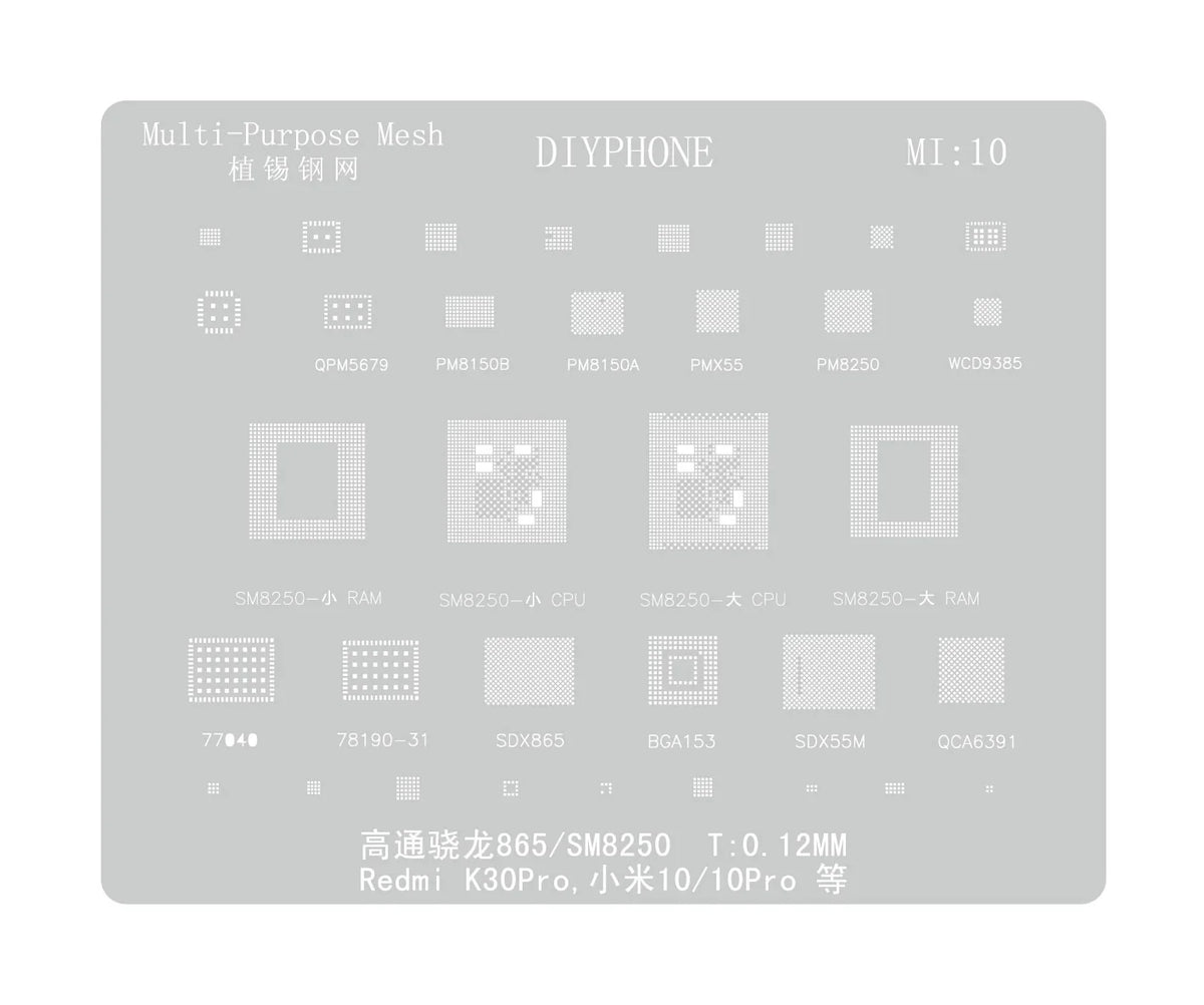 PHONEFIX universal BGA reballing stencil for Xiaomo Redmi CPU repair, showing a detailed metal stencil layout on a white background.