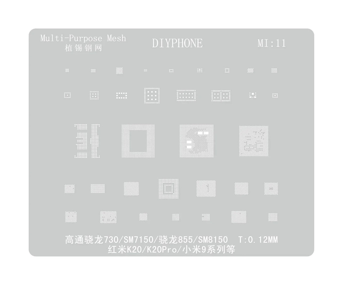 PHONEFIX universal BGA reballing stencil for Xiaomo Redmi CPU repair, showing detailed metal grid pattern on the stencil.