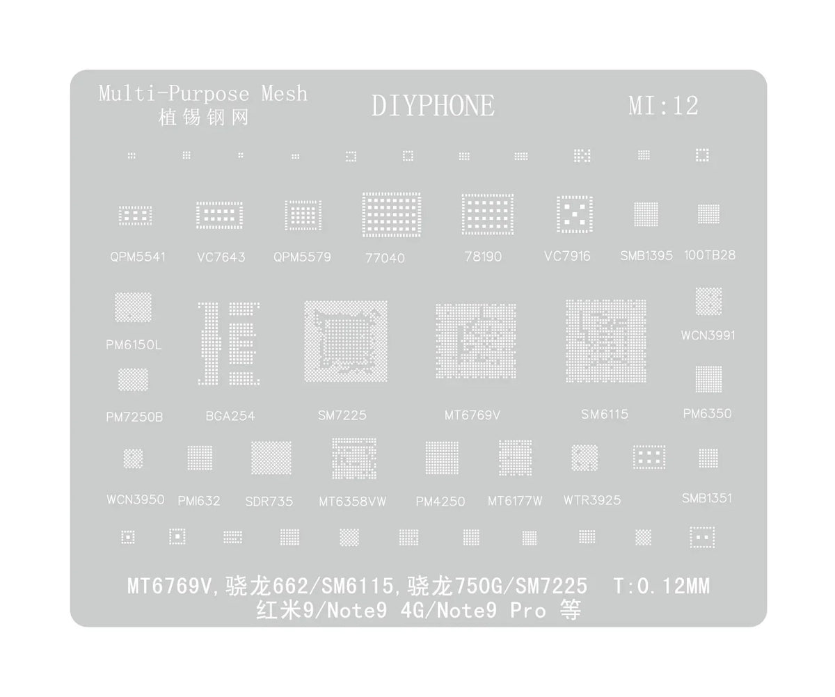 PHONEFIX universal BGA reballing stencil for Xiaomo Redmi CPU repair, used for precise reballing and BGA chip restoration.