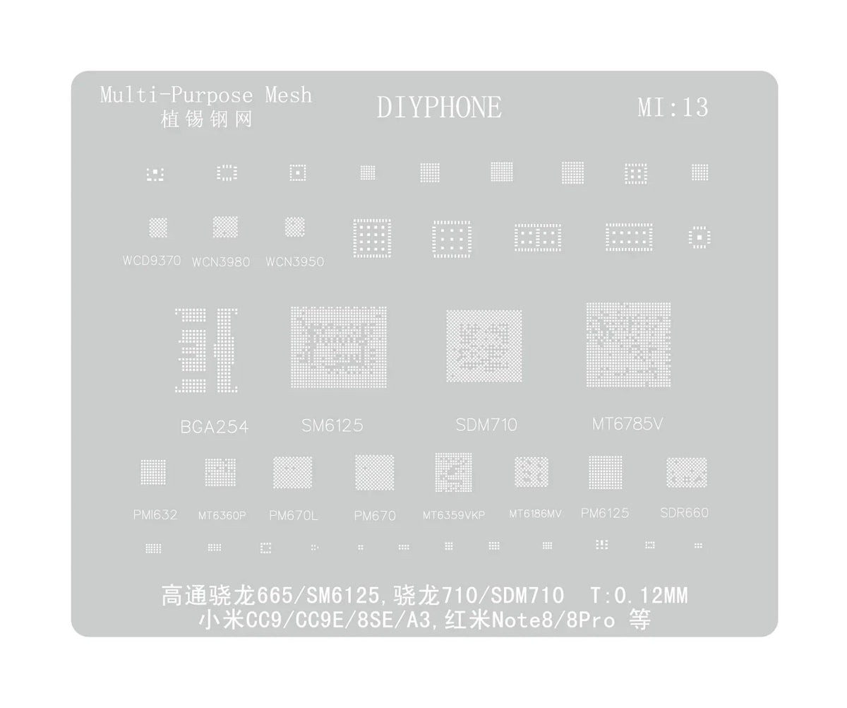 PHONEFIX universal Amaoe CPU BGA reballing stencil for Xiaomo Redmi repair, showing detailed metal stencil with precise cutouts.