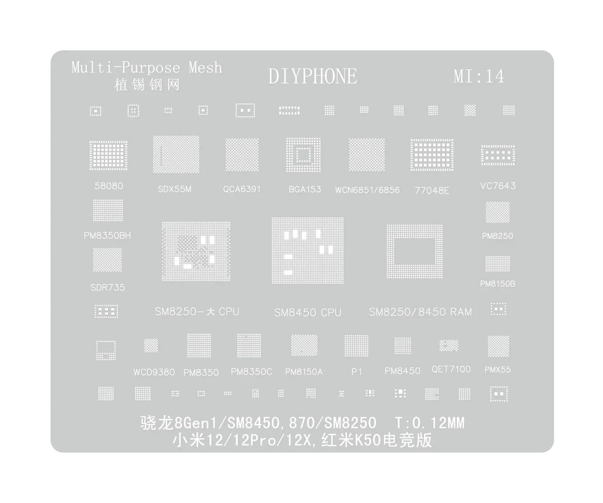 PHONEFIX universal BGA reballing stencil for Xiaomo Redmi CPU repair, with precise holes for reballing process.