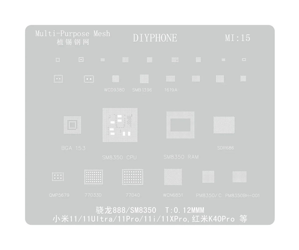 Universal Amaoe CPU BGA reballing stencil for Xiaomo Redmi repair by PHONEFIX, showing detailed metal stencil for precise reballing.