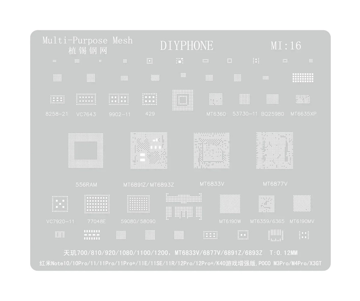 Universal Amaoe CPU BGA reballing stencil for Xiaomo Redmi repair by PHONEFIX, showing the detailed stencil layout for BGA reballing.
