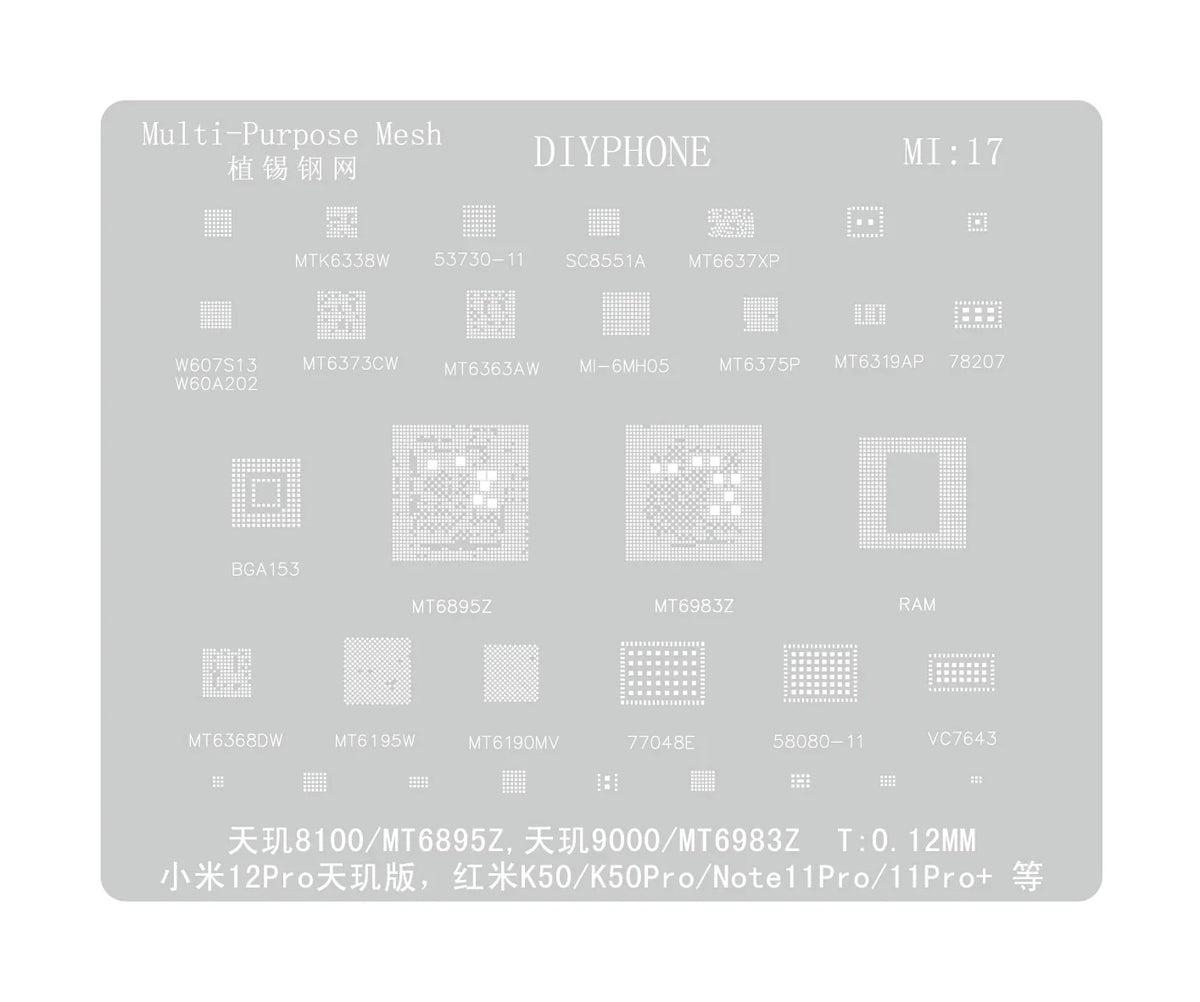 PHONEFIX universal Amaoe CPU BGA reballing stencil for Xiaomo Redmi repair, showing the detailed stencil layout for reballing.