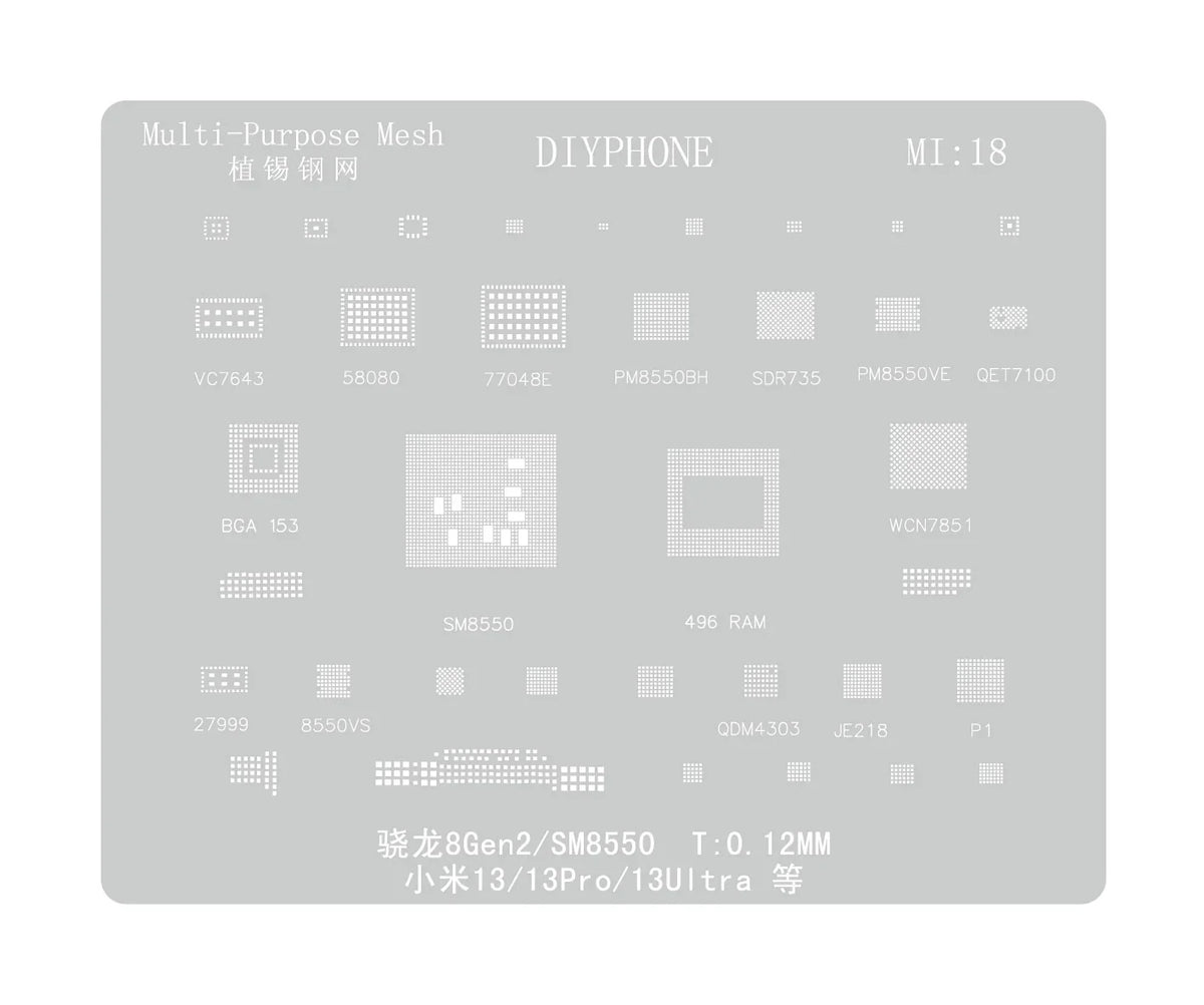 PHONEFIX universal Amaoe CPU BGA reballing stencil for Xiaomo Redmi repairs, used for precise BGA reballing and rework.