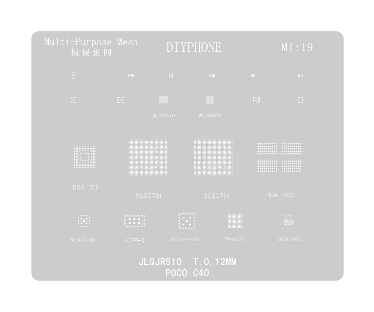 PHONEFIX universal Amaoe CPU BGA reballing stencil for Xiaomo Redmi repair, showing detailed metal stencil with precise holes.