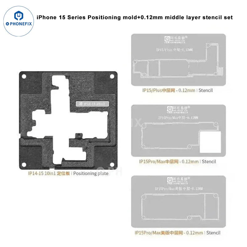 Steel mesh positioning mold for iPhone 12-17 Pro Max BGA reballing stencil, part of PHONEFIX's AMAOE tool set, shown in 15-piece set.