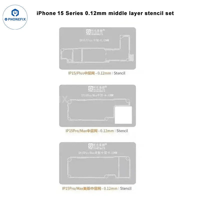 Steel mesh positioning mold for iPhone 12-17 Pro Max BGA reballing stencil by PHONEFIX, with 15-stencil array for precise rework.