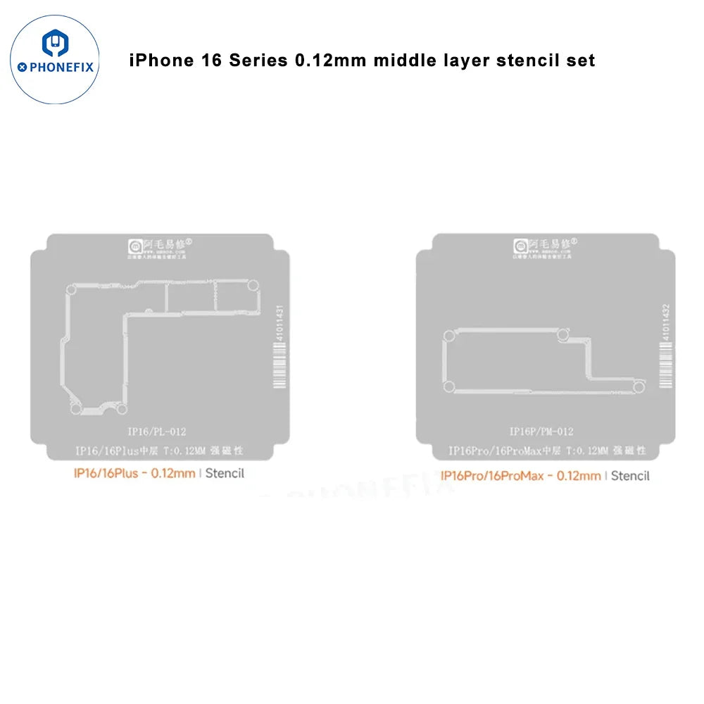 BGA reballing stencil for iPhone 12-17 Pro Max, middle layer steel mesh positioning mold by PHONEFIX, with 16 stencil openings.