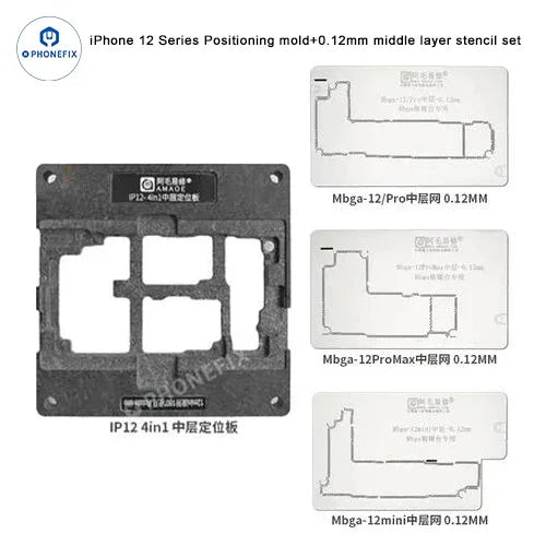 Phonefix AMAOE iPhone 12-17 Pro Max BGA reballing stencil with steel mesh middle layer for precise positioning and rework.