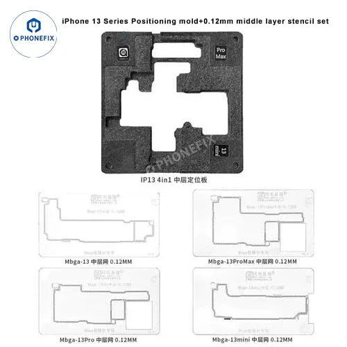 Set of 13 AMAOE BGA reballing stencil molds for iPhone 12-17 Pro Max middle layer steel mesh positioning by PHONEFIX.