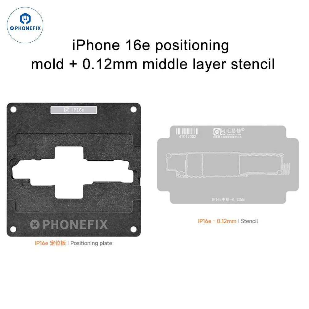 PhoneFix BGA reballing stencil for iPhone 12-17 Pro Max, steel mesh middle layer positioning mold, used for precise reassembly.