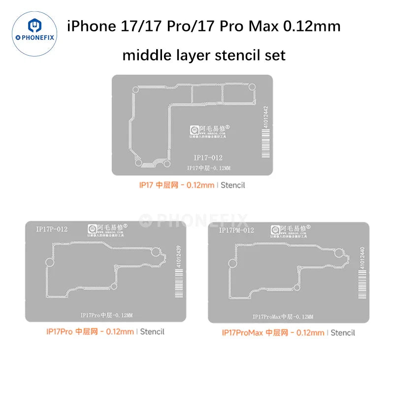 PhoneFix BGA reballing stencil for iPhone 12-17 Pro Max, middle layer steel mesh positioning mold for precise component placement