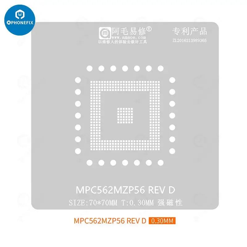 AMAOE BGA reballing stencil for MPC562MZP56 and MPC555LF8MZP40, used for reballing micro BGA chips, by PHONEFIX.