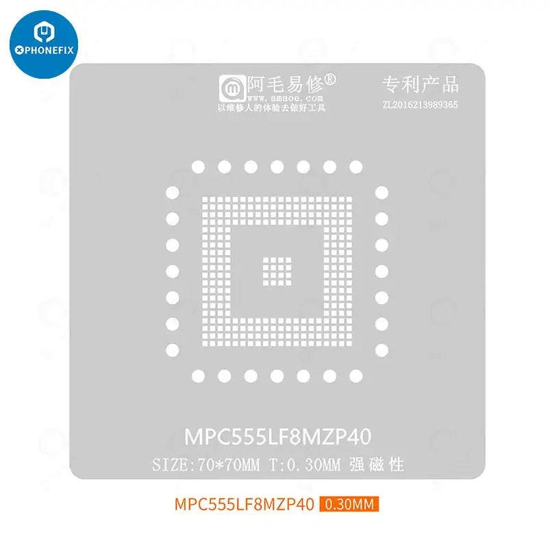 Pochoir de reballage AMAOE BGA pour puces MPC562MZP56 et MPC555LF8MZP40, utilisé pour un reballage précis dans la réparation électronique.