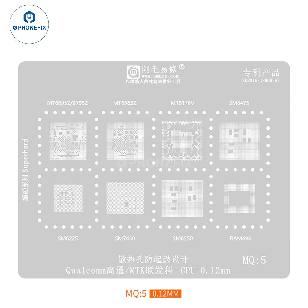 Amaoe BGA reballing stencil for Qualcomm and MTK CPUs, used for reballing and repair of mobile device chips.