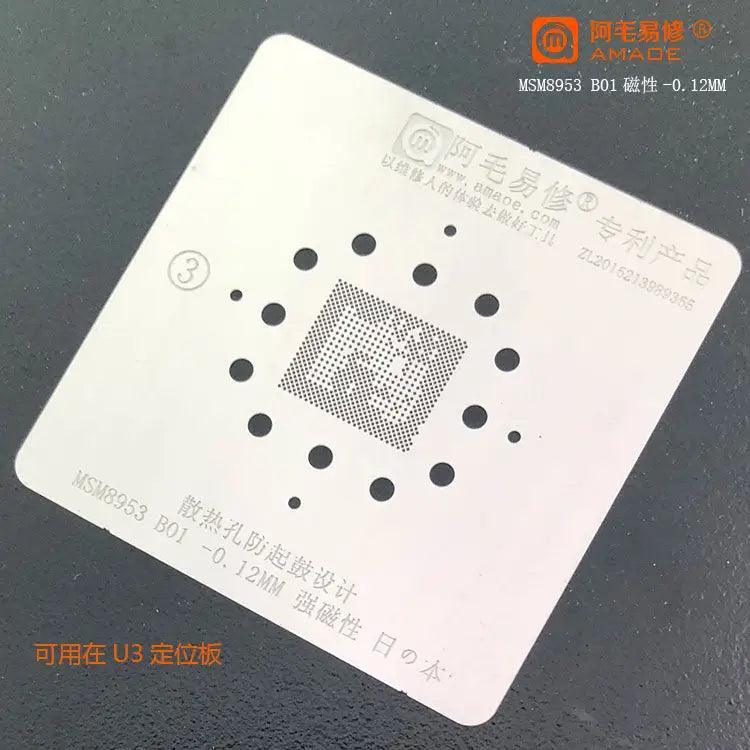 Amaoe BGA stencil for Qualcomm CPU reballing, PHONEFIX branded template used for precise BGA chip reballing and repair.