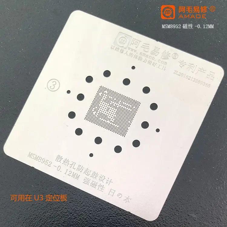 Amaoe BGA stencil for Qualcomm CPU reballing template by PHONEFIX, detailed precision tool for PCB repair and reballing.