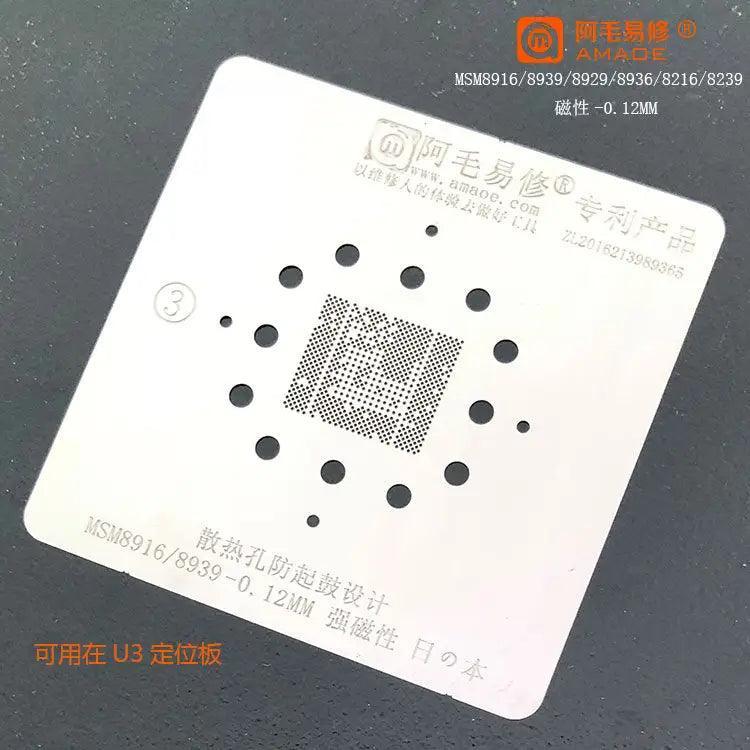 Amaoe BGA stencil for Qualcomm CPU reballing, PHONEFIX brand, precision template for reworking Qualcomm chip solder balls.