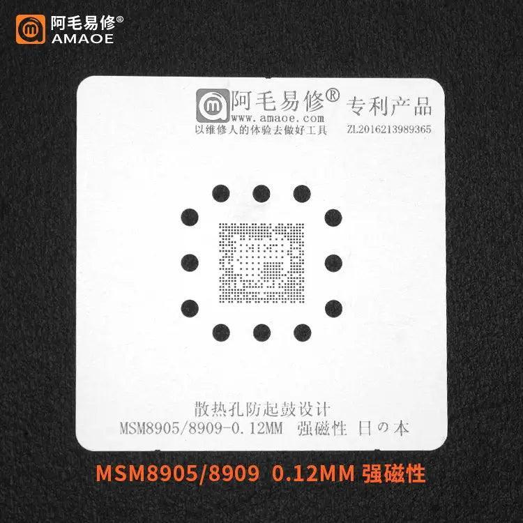 Amaoe BGA stencil for Qualcomm CPU reballing, PHONEFIX brand, precision template for reworking Qualcomm chips on circuit boards.