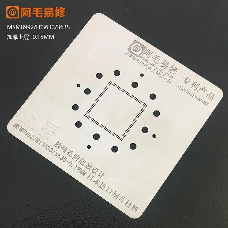 Amaoe BGA stencil for Qualcomm CPU reballing, PHONEFIX brand, precision template for reballing Qualcomm chips on circuit boards.