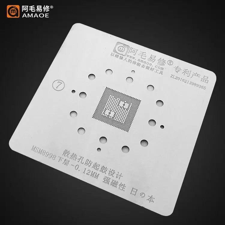 Amaoe BGA stencil for Qualcomm CPU reballing, PHONEFIX brand, precision template for reworking Qualcomm chips on circuit boards.