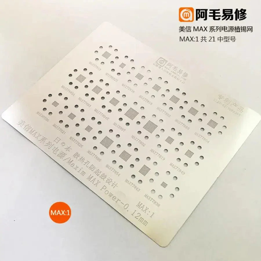 Amaoe BGA Reballing Stencil for MP1, MAX1, MT1, PM1, PM2, PM3 models by PHONEFIX, showing detailed stencil pattern.