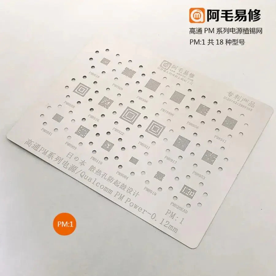 Amaoe BGA Reballing Stencil for MP1, MAX1, MT1, PM1, PM2, PM3 by PHONEFIX, showing detailed metal mesh pattern for reballing.