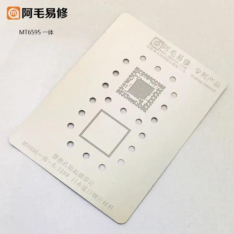 Amaoe BGA reballing stencil template for MTK CPU and RAM, used for phone repair and reballing processes.